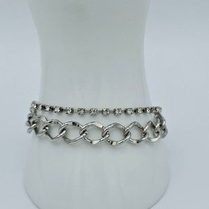 Rhinestone Bracelet Tennis Chain Link Double Strand Statement Jewelry Silvertone